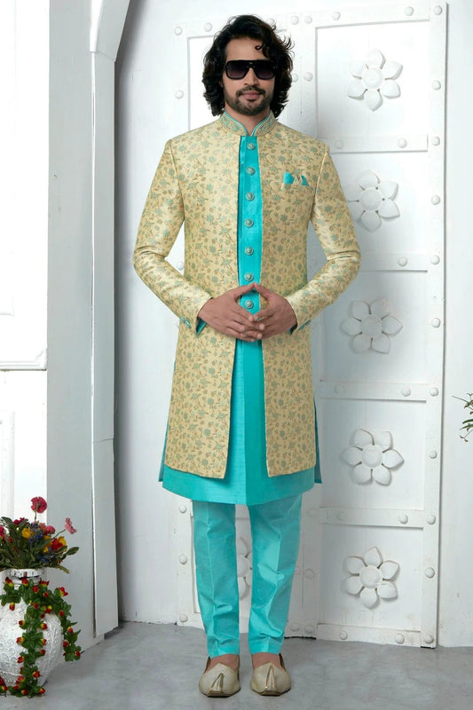 Beige Jacquard Silk Indowestern Sherwan With Aligadhi Pant  NCSH12310331