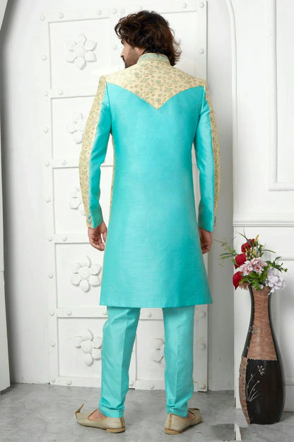 Beige Jacquard Silk Indowestern Sherwan With Aligadhi Pant  NCSH12310331