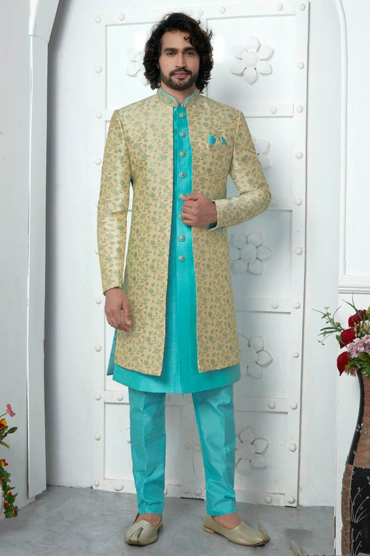 Beige Jacquard Silk Indowestern Sherwan With Aligadhi Pant NCSH12310331