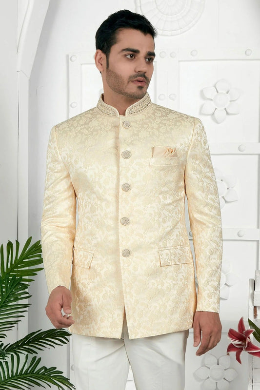 Beige Jacquard Silk Jodhpuri Jacket  NCJP12310268
