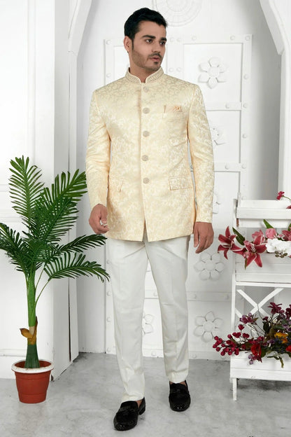 Beige Jacquard Silk Jodhpuri Jacket NCJP12310268