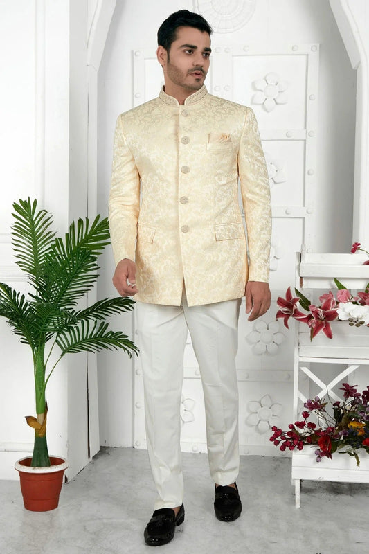 Beige Jacquard Silk Jodhpuri Jacket NCJP12310268