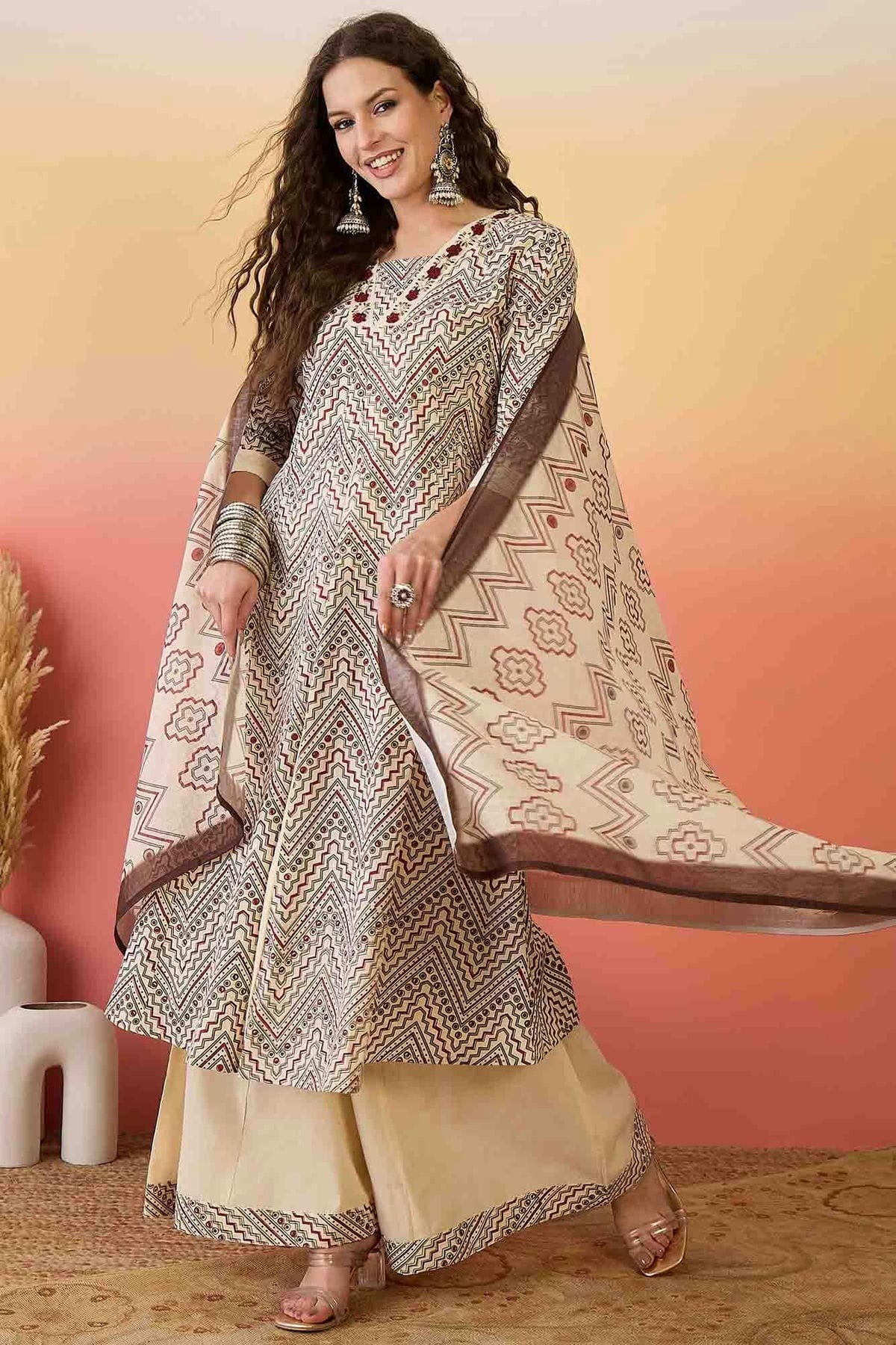 Beige Khadi Silk Stitched Palazzo Pant Suit NCSS11110154