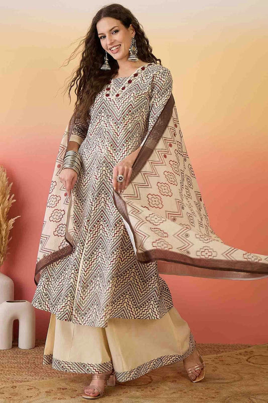 Beige Khadi Silk Stitched Palazzo Pant Suit NCSS11110154
