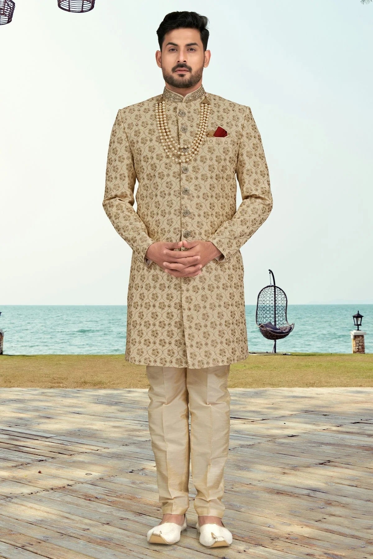Beige Kora Shine Silk Indo Western Sherwani NCSH10410292