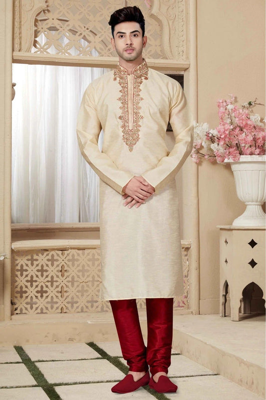 Beige Kurta Pajama In Art Dhupion NCKP10410565