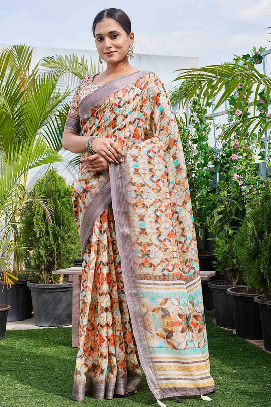 Beige Linen Blend Printed Saree NCSD11111844