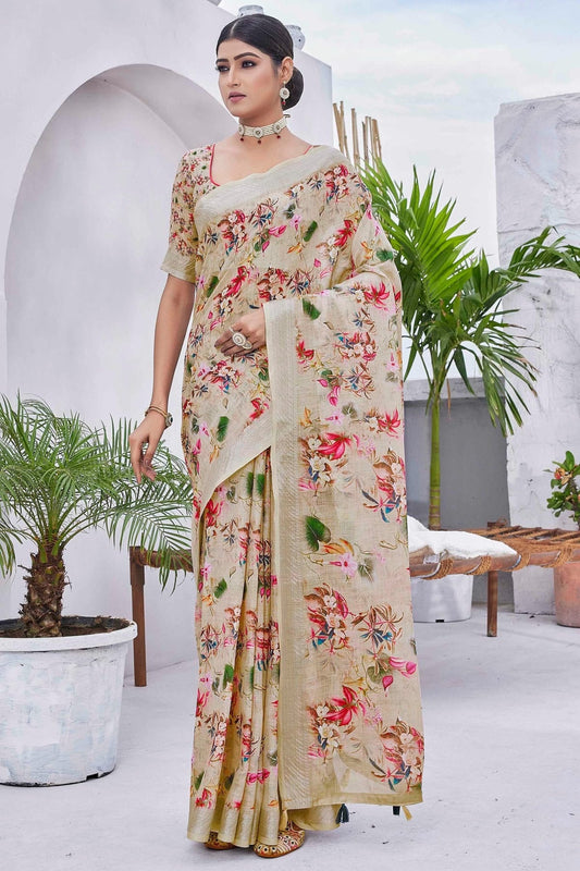 Beige Linen Blend Printed Saree NCSD11111879