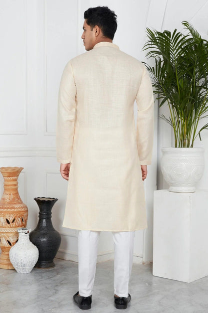 Beige Linen Cotton Pintex Kurta Pajama NCKP12310249