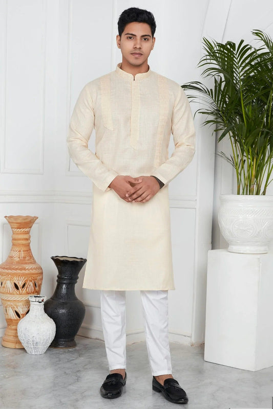 Beige Linen Cotton Pintex Kurta Pajama NCKP12310249