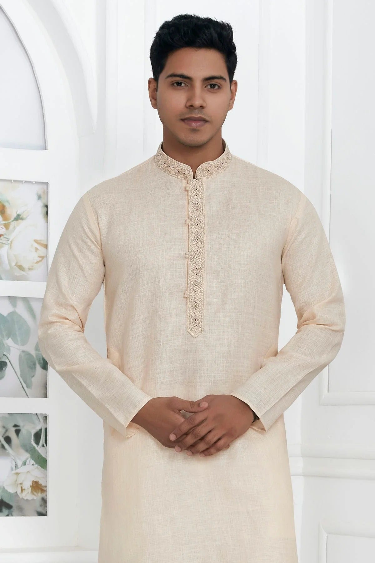 Beige Linen Cotton Thread Kurta Pajama NCKP12310229