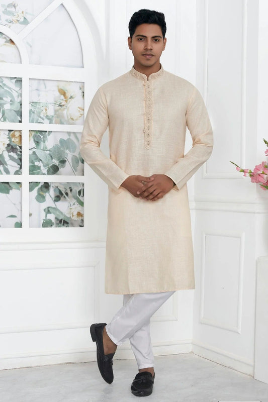 Beige Linen Cotton Thread Kurta Pajama NCKP12310229
