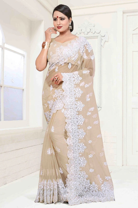 Beige Net Designer Saree NCSD10910493