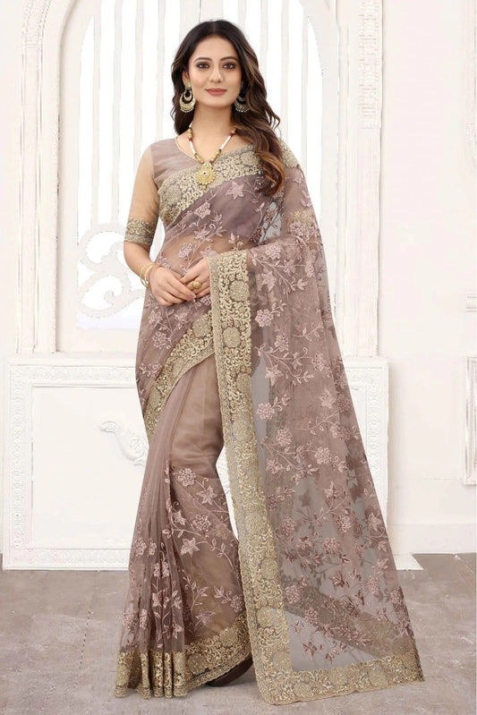 Beige Net Designer Saree NCSD11210826