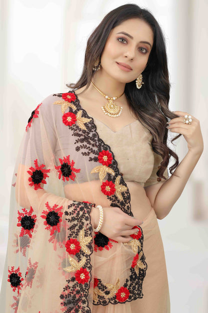 Beige Net Designer Saree NCSD11210925
