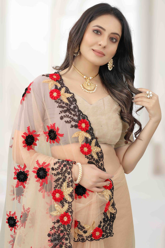 Beige Net Designer Saree NCSD11210925