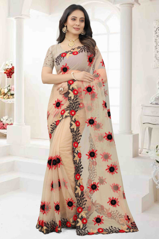 Beige Net Designer Saree NCSD11210925
