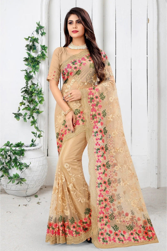 Beige Net Embroidery Saree NCSD10910699