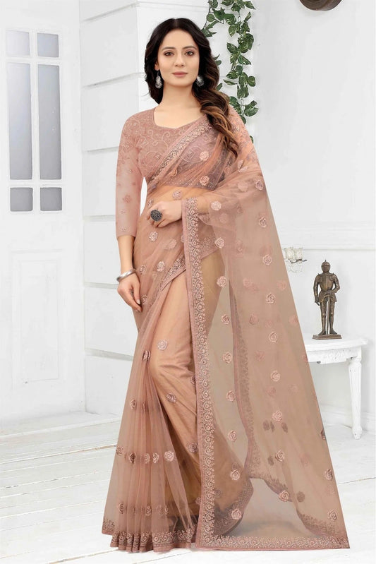 Beige Net Embroidery Saree NCSD11210848