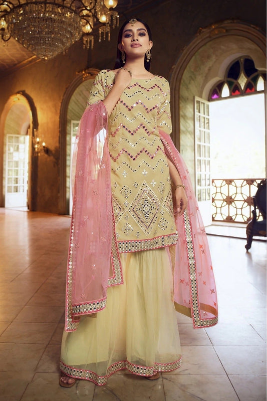 Beige Organza Thread Sharara Suit NCSM10810364