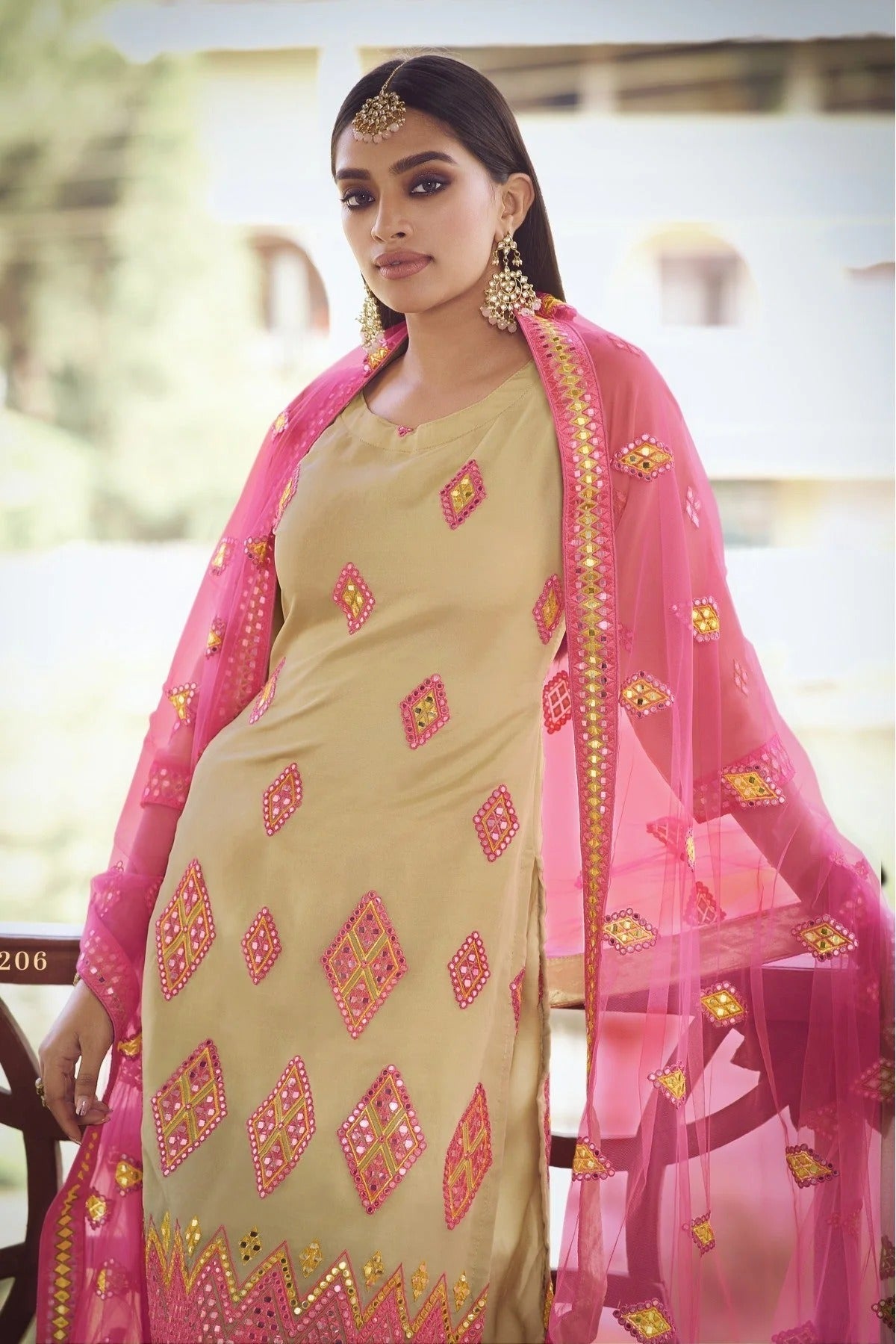 Beige Organza Thread Sharara Suit NCSM10810365