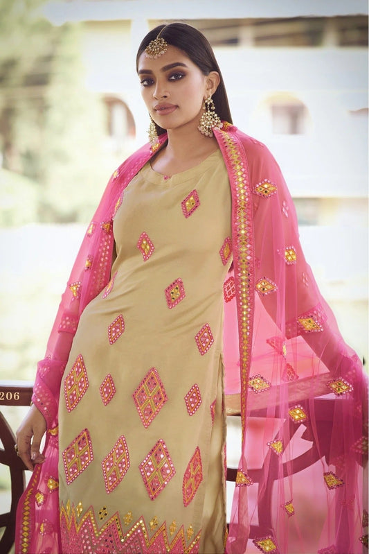 Beige Organza Thread Sharara Suit NCSM10810365