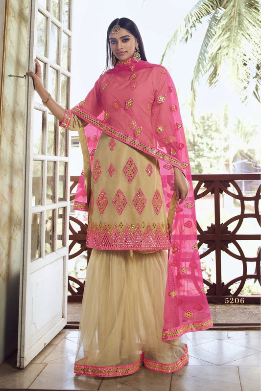 Beige Organza Thread Sharara Suit NCSM10810365