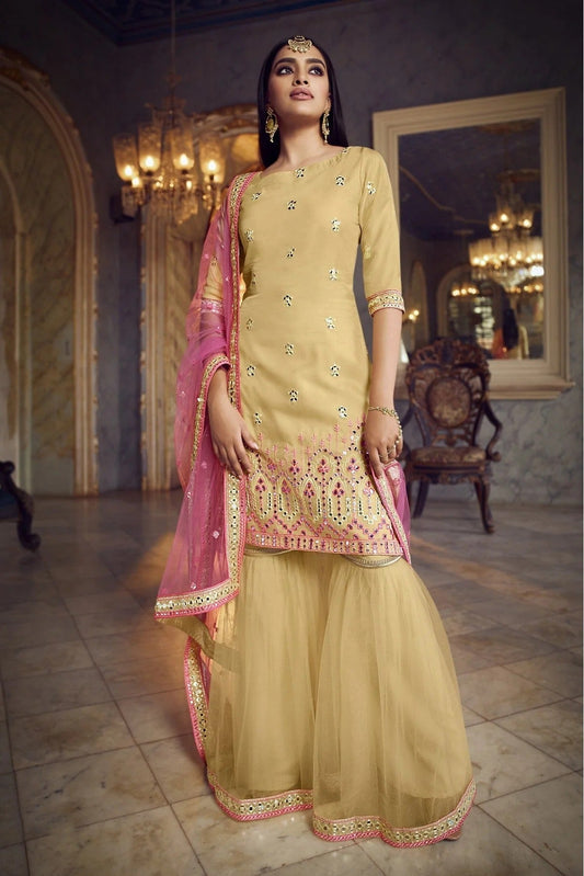 Beige Organza Thread Sharara Suit NCSM10810366