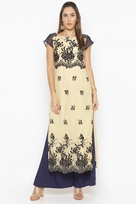 Beige Plus Size Net Embroidery Kurta Set NCKR10710234