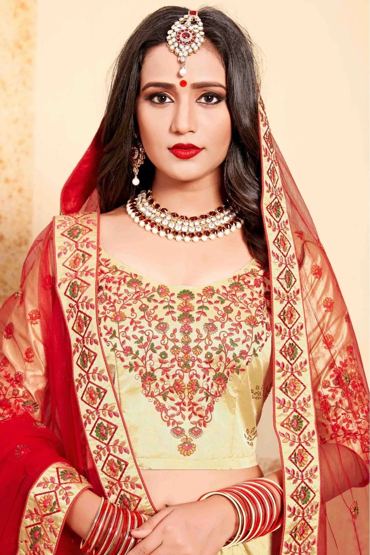 Beige Satin Embroidery Lehenga Choli NCLC10810448