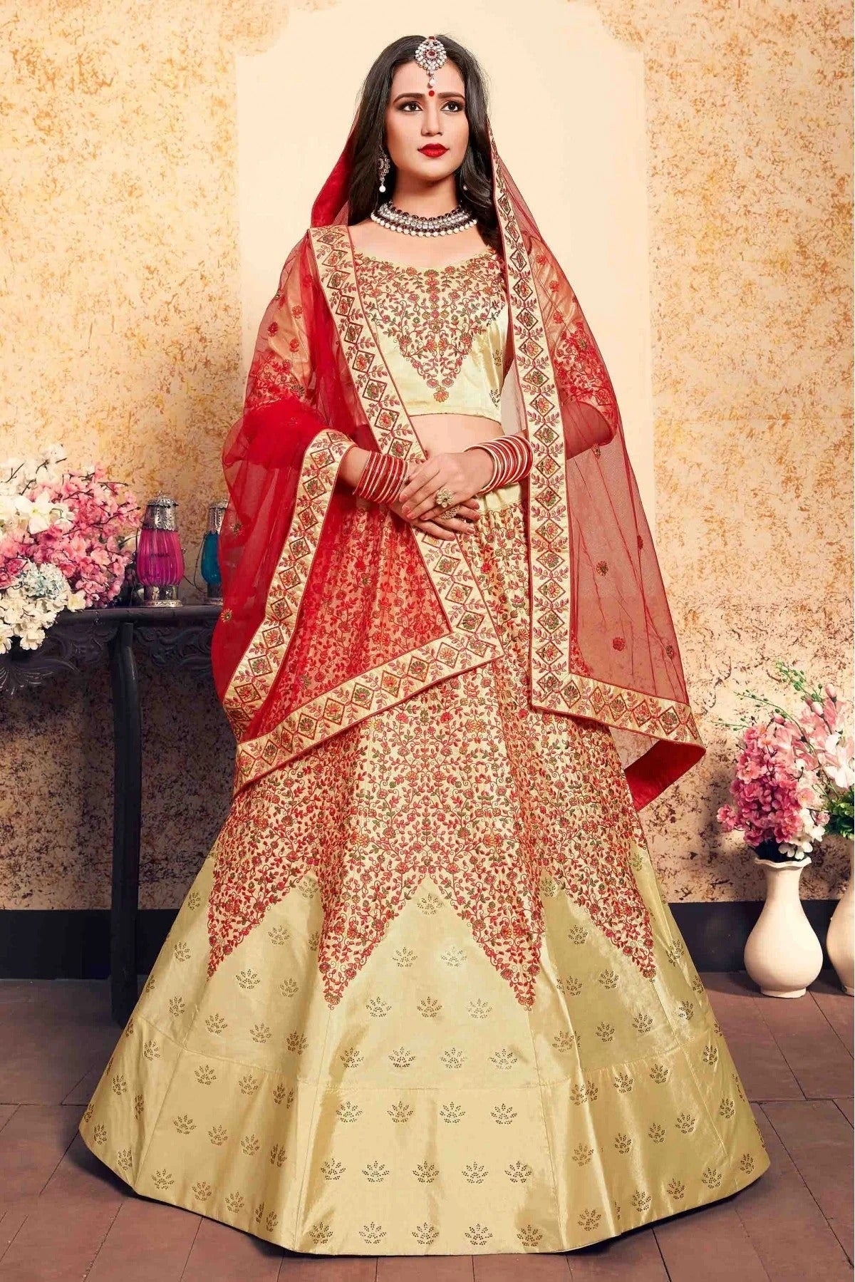 Beige Satin Embroidery Lehenga Choli NCLC10810448