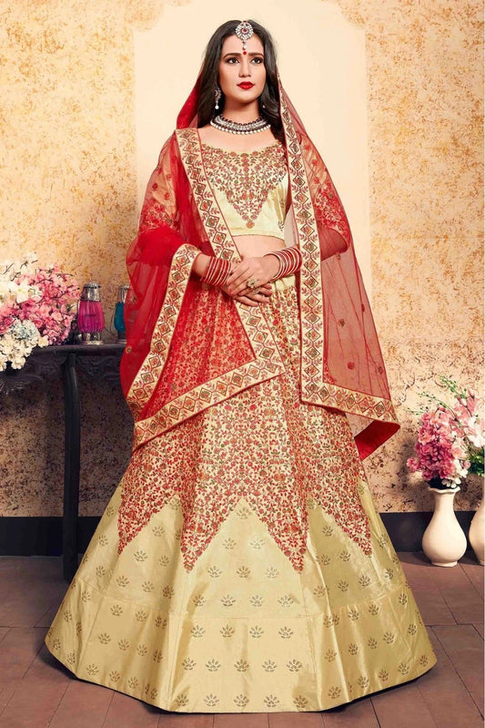 Beige Satin Embroidery Lehenga Choli NCLC10810448