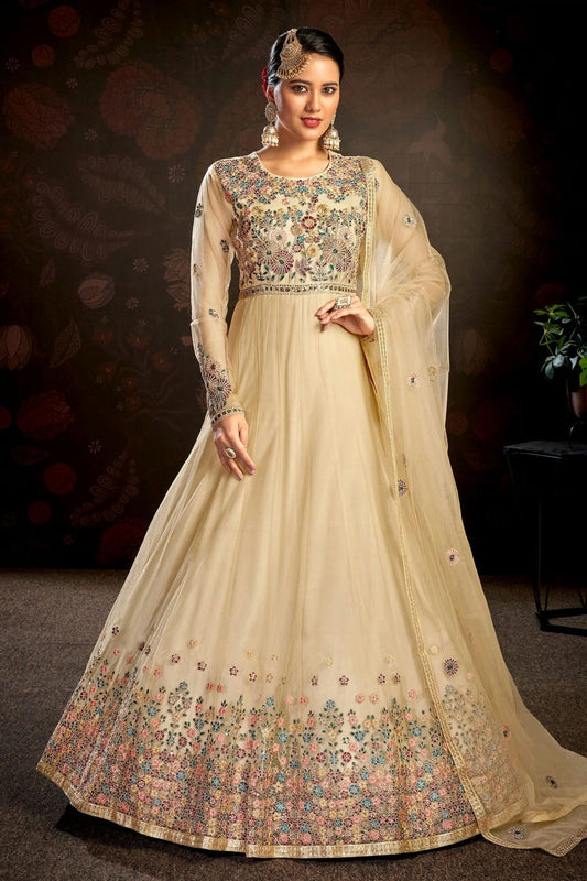 Beige Semi Stitched Butterfly Net Anarkali Suit NCSM11410533