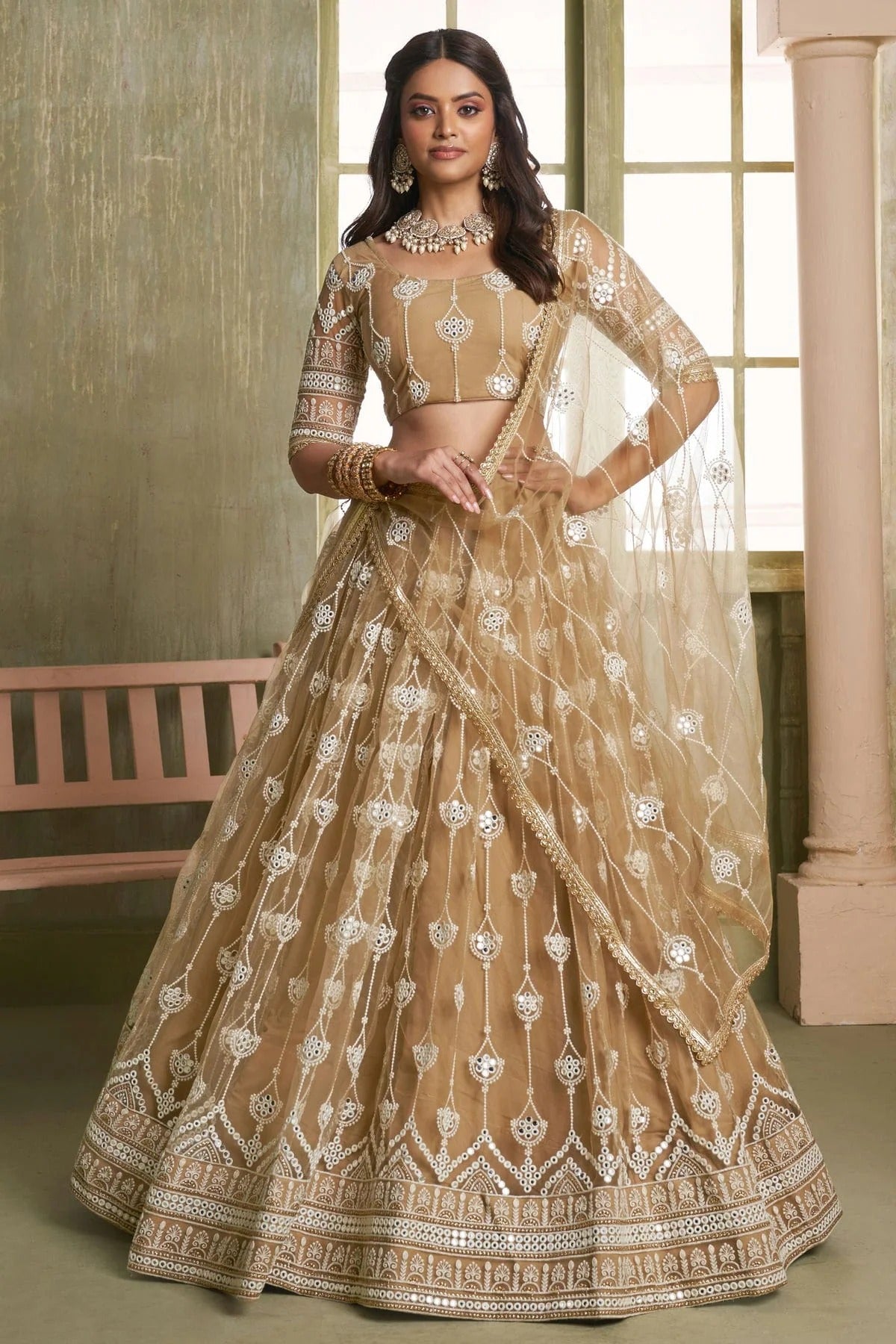 Beige Semi Stitched Butterfly Net Lehenga Choli NCLC11111246