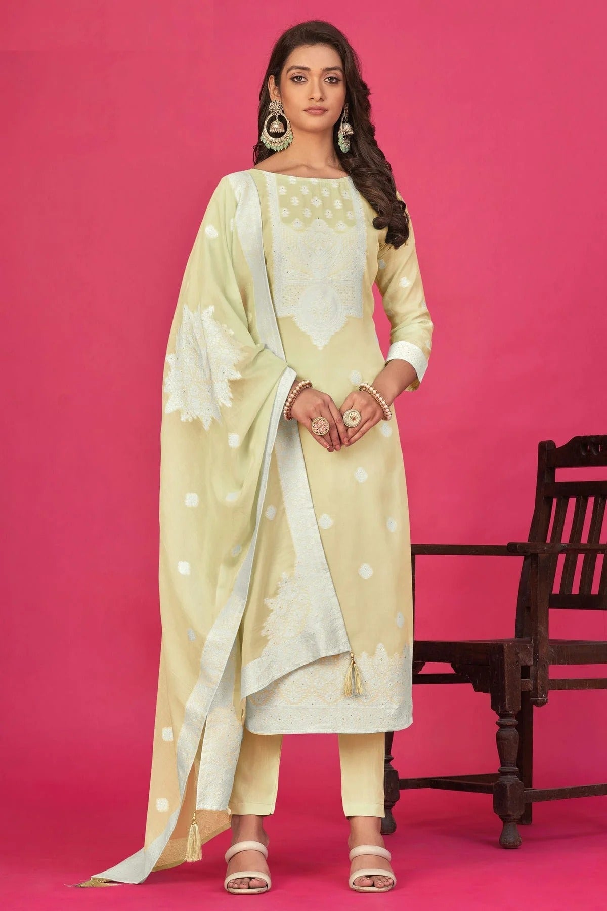 Beige Semi Stitched Jacquard Straight Suit NCSM11410503