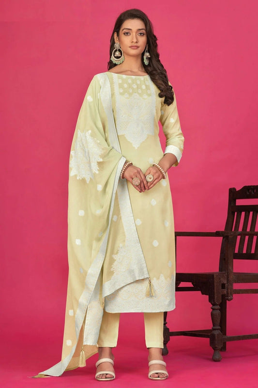 Beige Semi Stitched Jacquard Straight Suit NCSM11410503