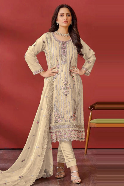 Beige Semi Stitched Organza Pakistani Suit NCSM11410521