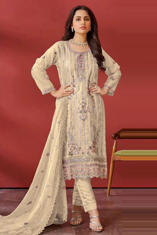 Beige Semi Stitched Organza Pakistani Suit NCSM11410521