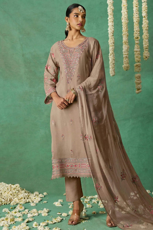 Beige Semi Stitched Organza Pant Style Suit NCSM11111022