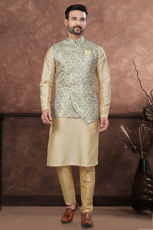Beige Silk Dupion Jacket Kurta Pajama NCKP10410146