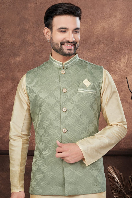 Beige Silk Dupion Jacket Kurta Pajama NCKP10410147