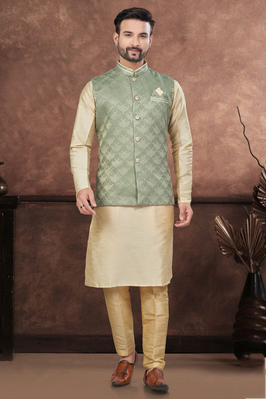 Beige Silk Dupion Jacket Kurta Pajama NCKP10410147