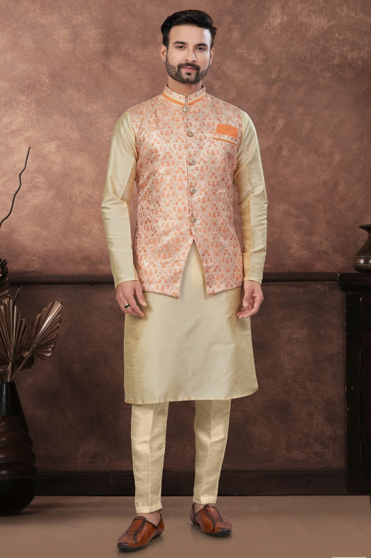 Beige Silk Dupion Jacket Kurta Pajama NCKP10410148