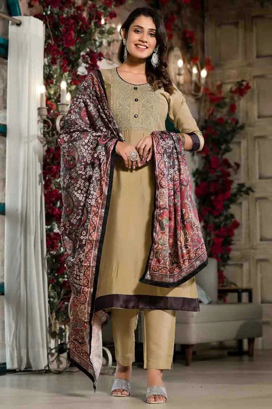 Beige Silk Stitched Pant Style Suit NCSS11410287