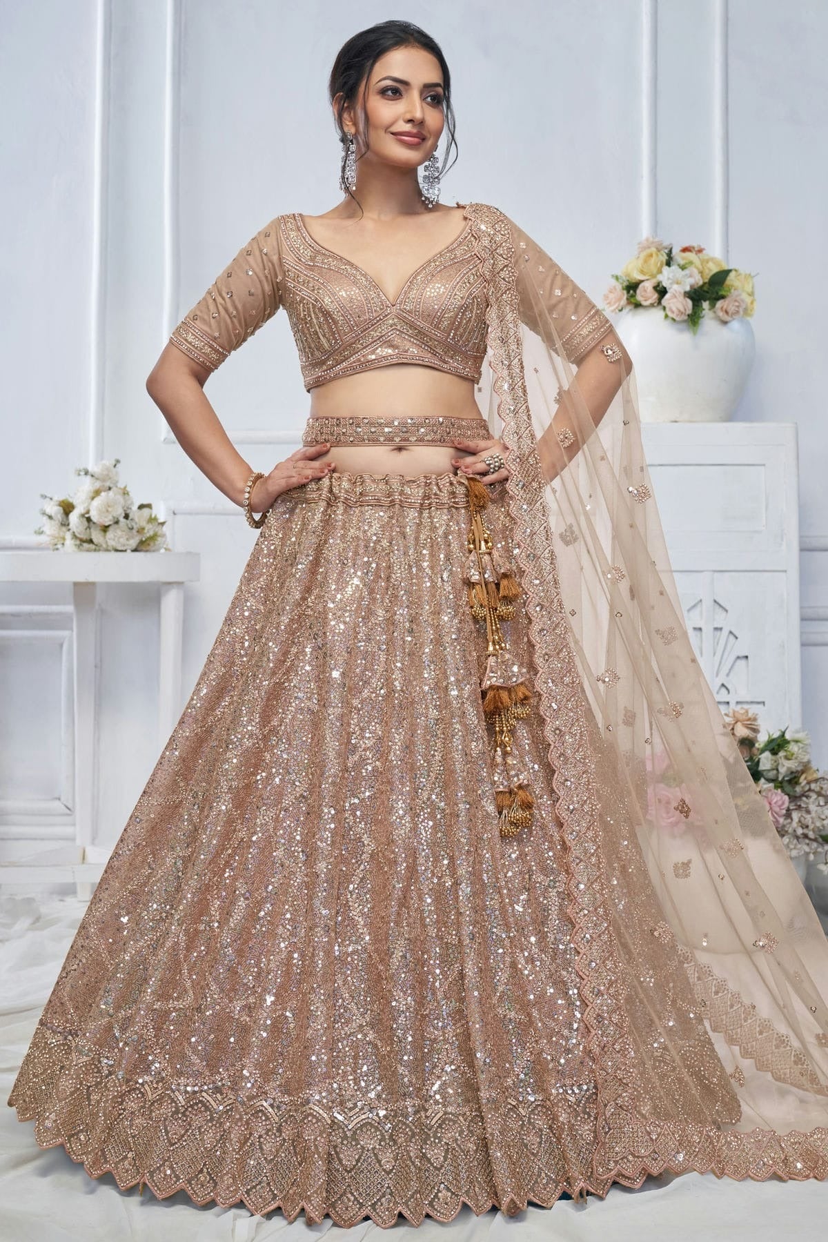 Beige Soft Net Embroidery Lehenga Choli NCLC11112002