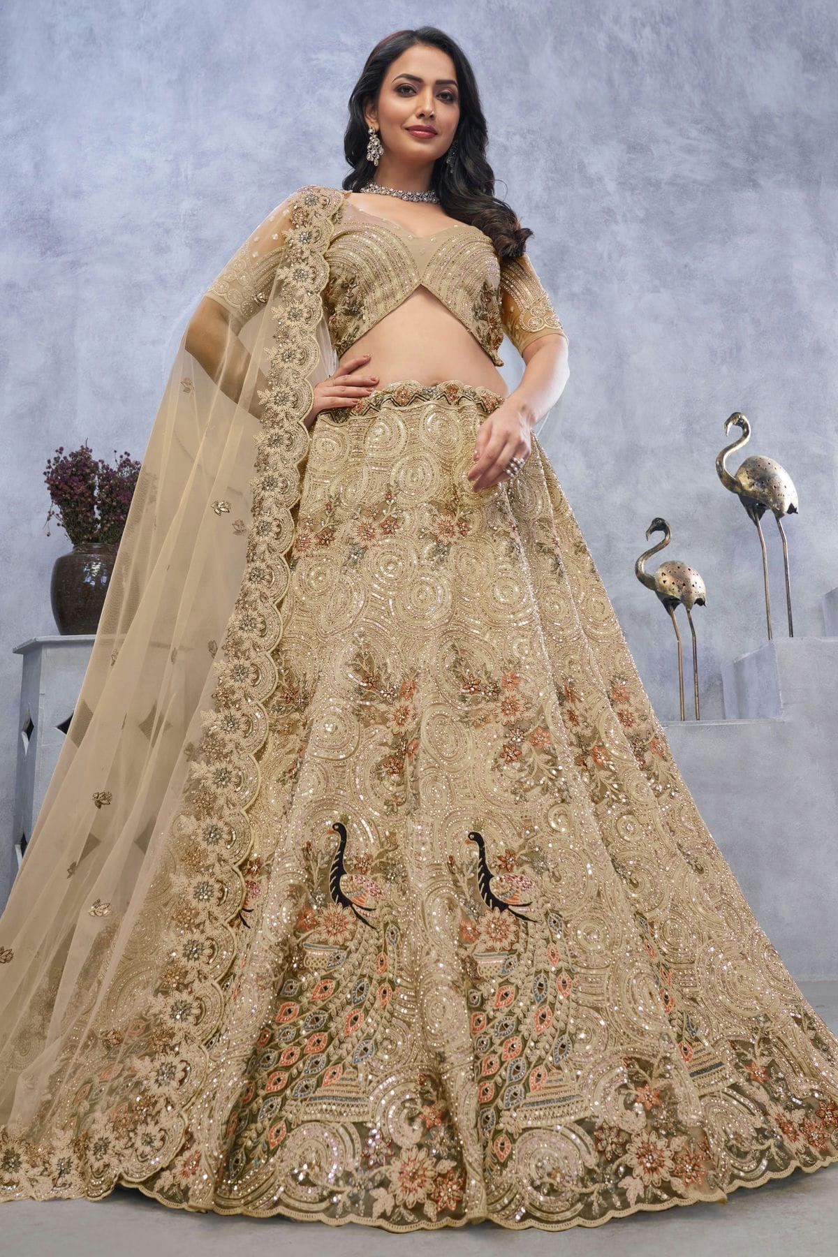 Beige Soft Net Embroidery Lehenga Choli NCLC11112006