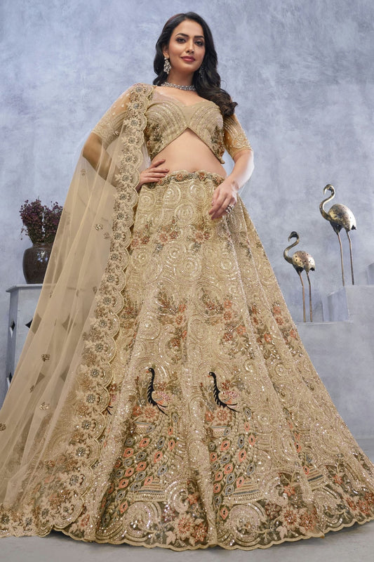 Beige Soft Net Embroidery Lehenga Choli NCLC11112006
