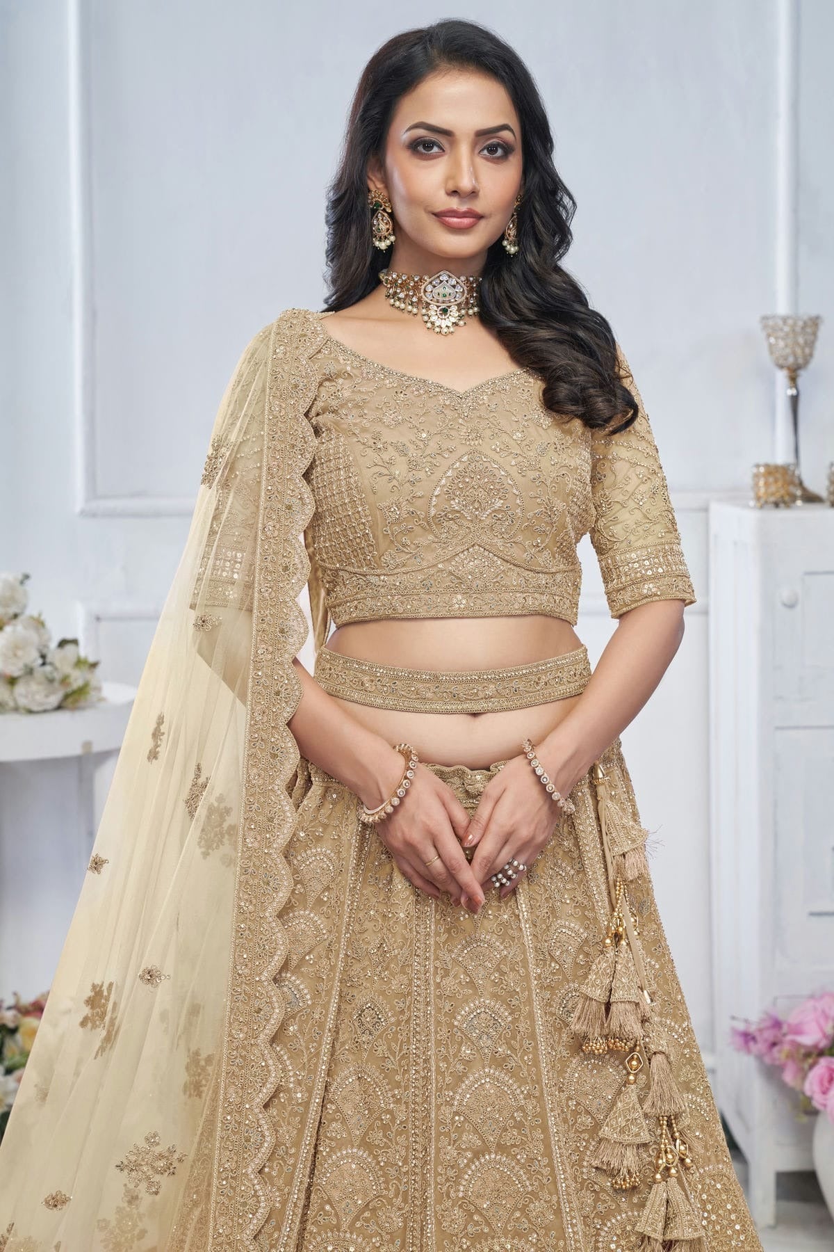 Beige Soft Net Embroidery Lehenga Choli NCLC11112009