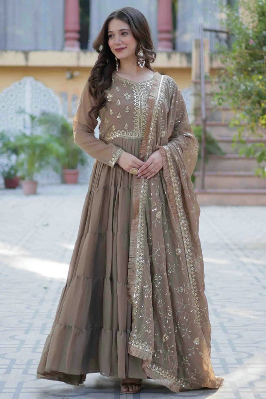 Beige Stitched Georgette Gown NCGW11111010