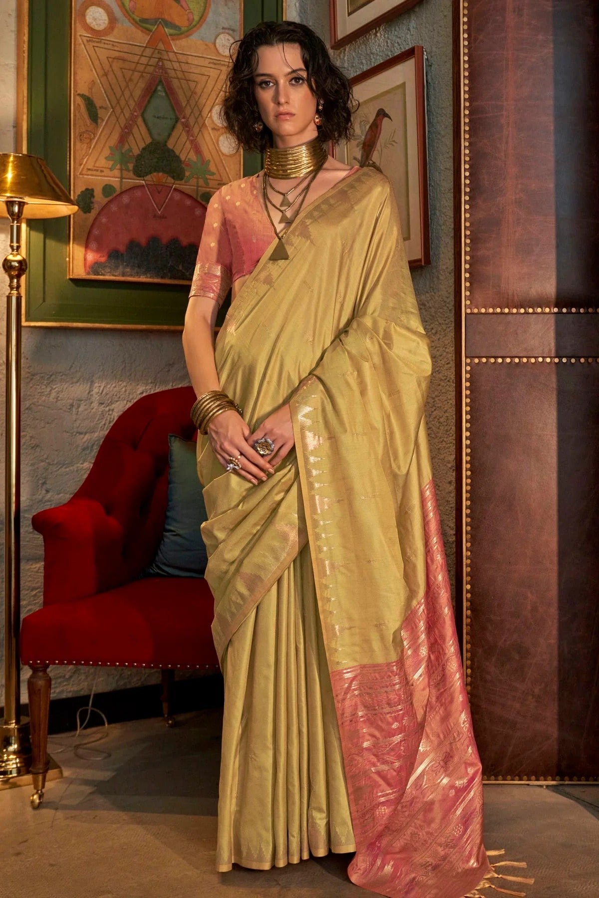 Beige Tussar Silk Woven Saree NCSD12910211